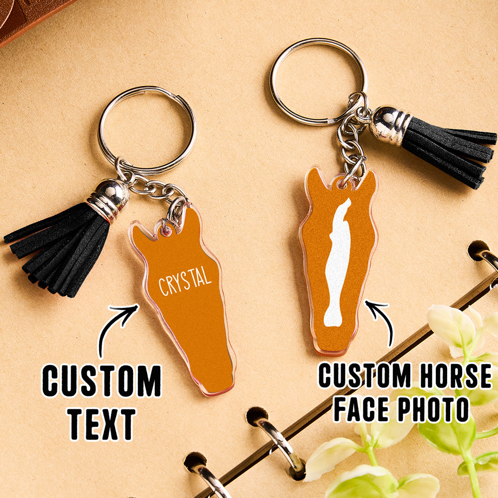 Personalised Horse Face Acrylic Keyring with Tassel — Custom Text Gift for Horse Lovers
