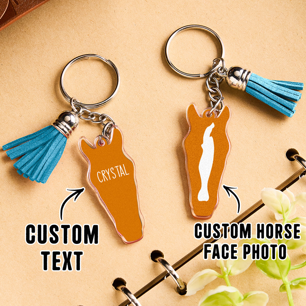 Personalised Horse Face Acrylic Keyring with Tassel — Custom Text Gift for Horse Lovers