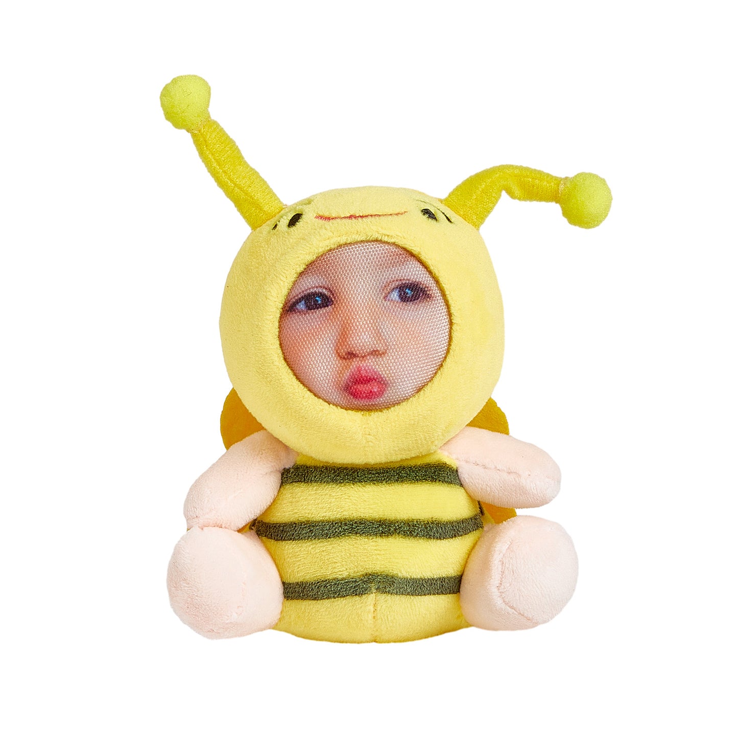 Side view of a personalised 3D face plush keychain showing the metal clasp and plush backing – compact personalised keyring for backpacks