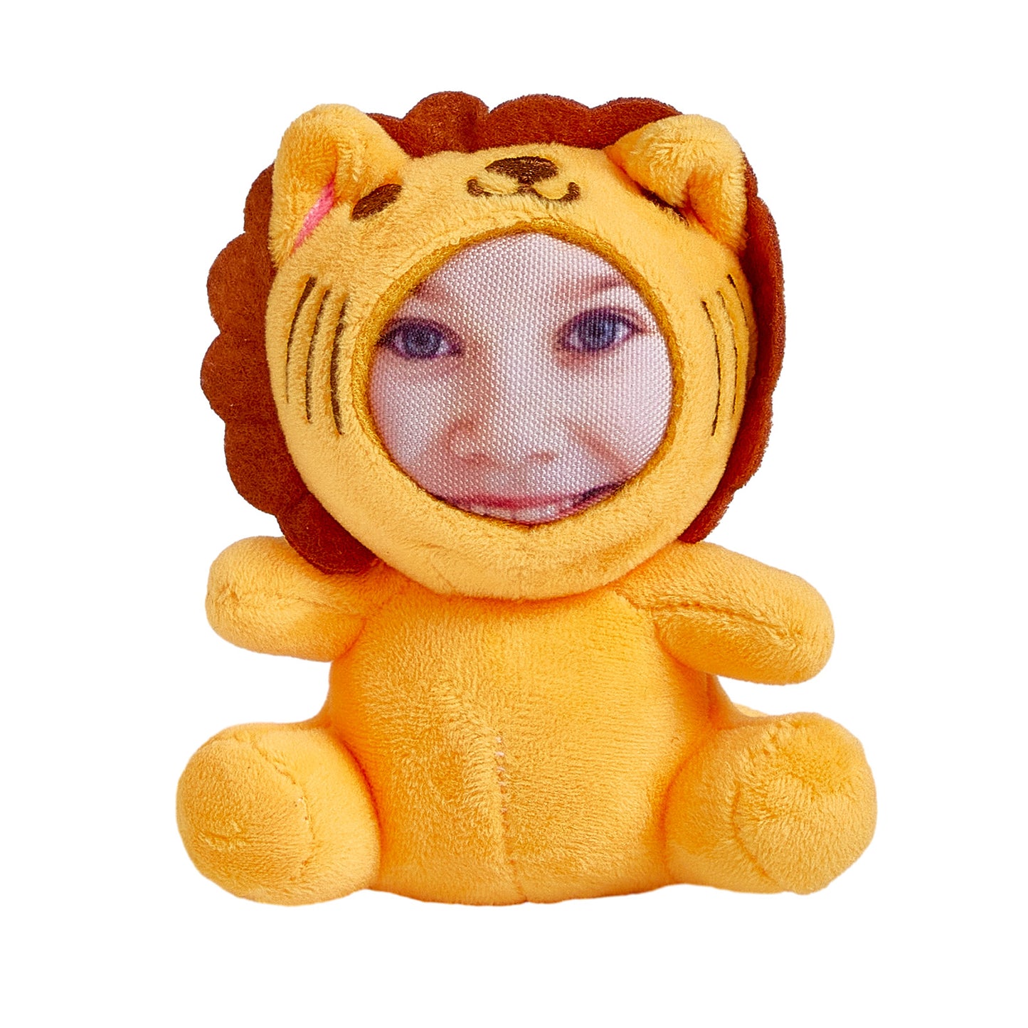 Hand holding a personalised 3D face plush animal keyring to show scale (approx 8×10 cm) – custom photo plush keychain, ideal gift