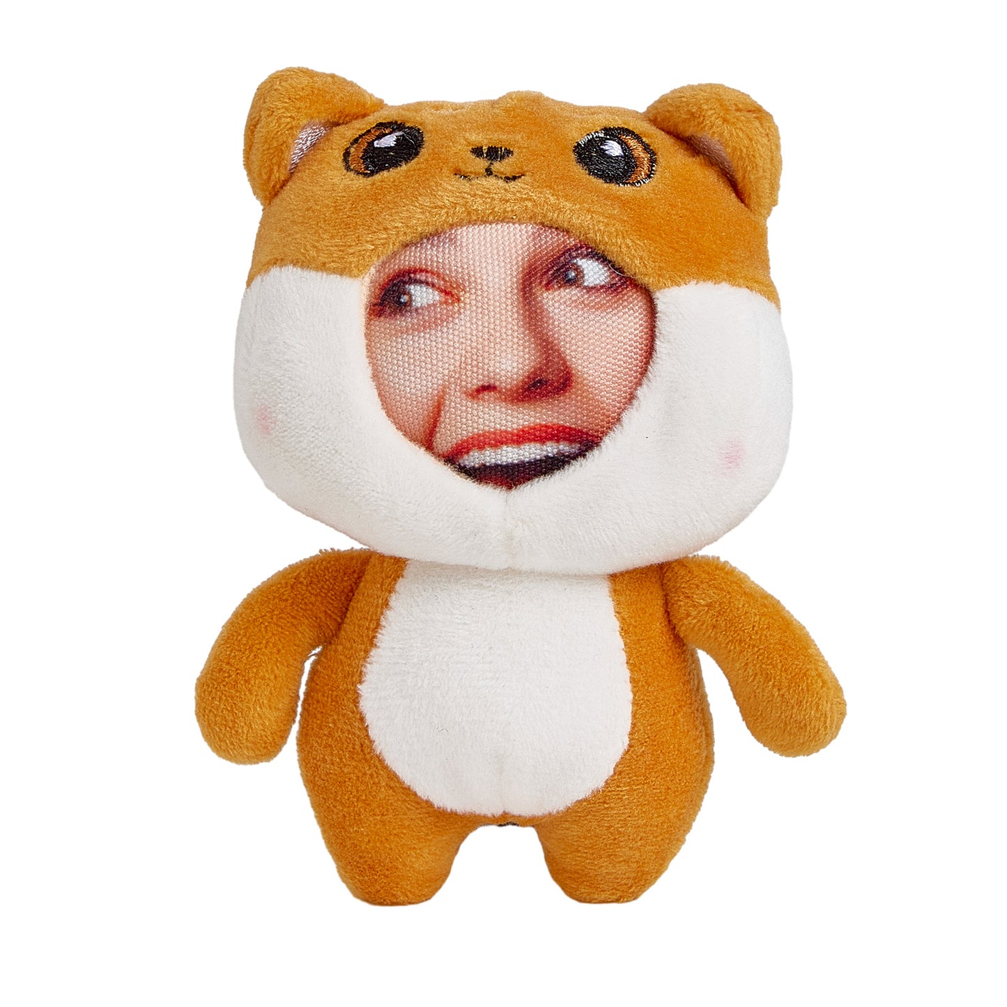 Close-up of a personalised lion plush keyring with a 3D face photo print – personalised keychain, funny personalised face gift