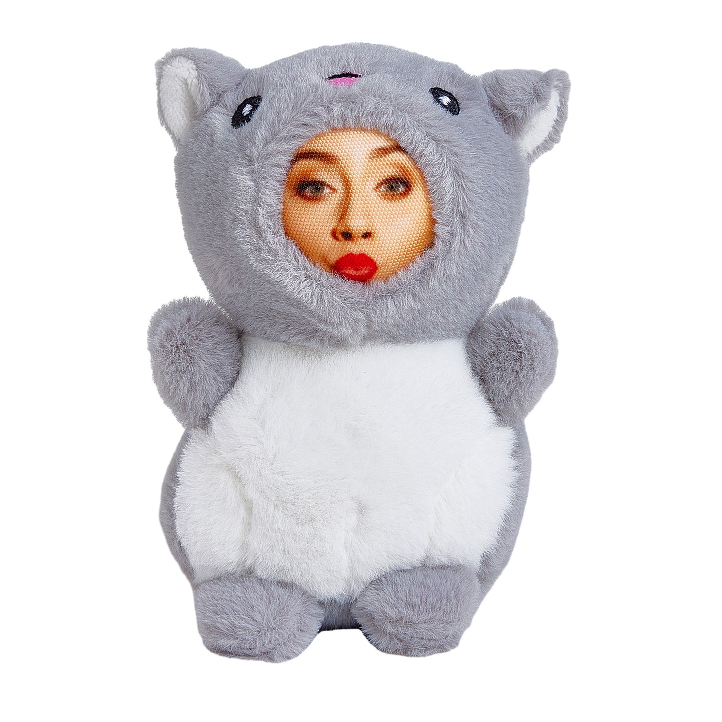 Example of customisation showing a submitted photo printed onto a plush animal keyring with 3D face effect – custom photo plush keychain