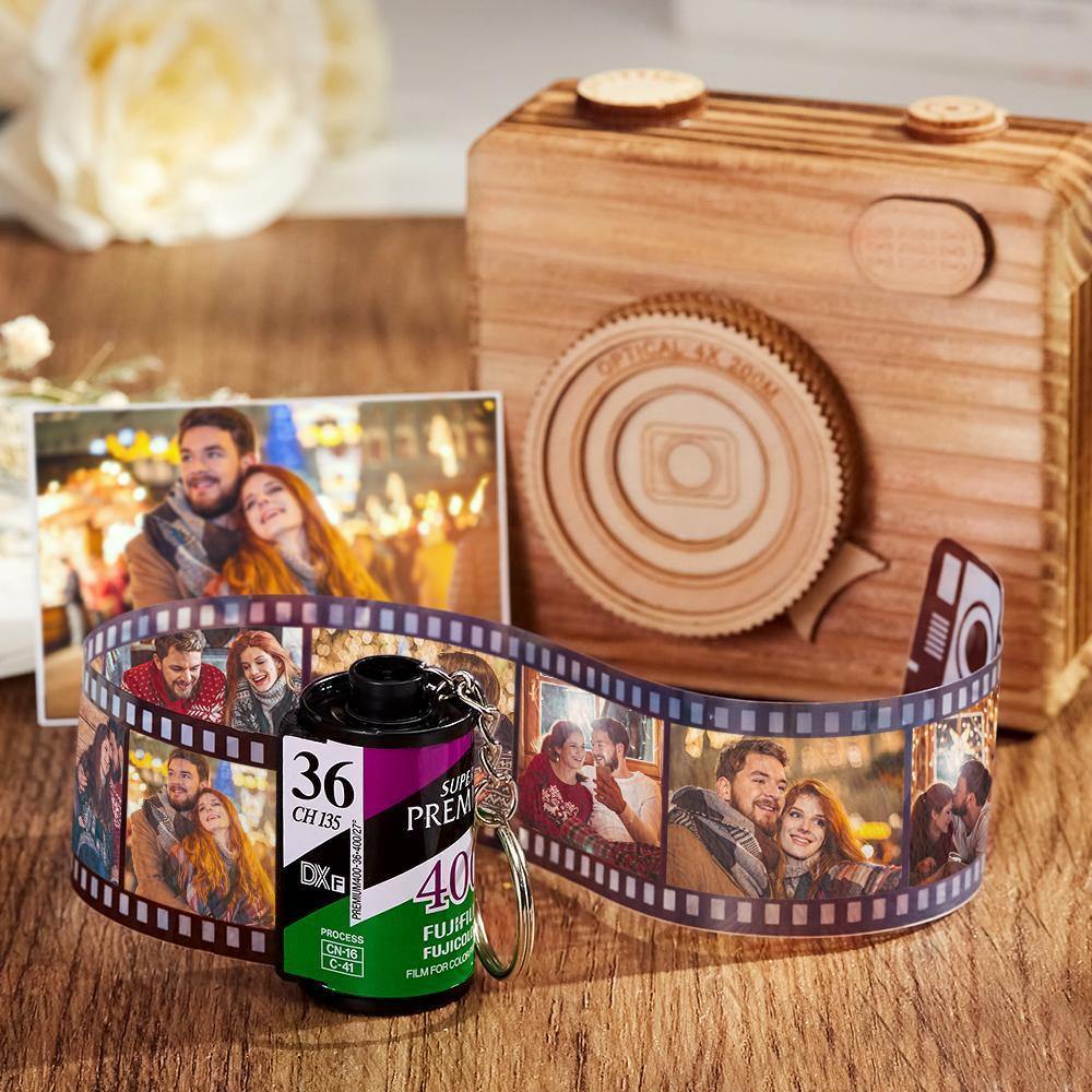 Lifestyle shot of the personalised film-roll photo keyring attached to keys.