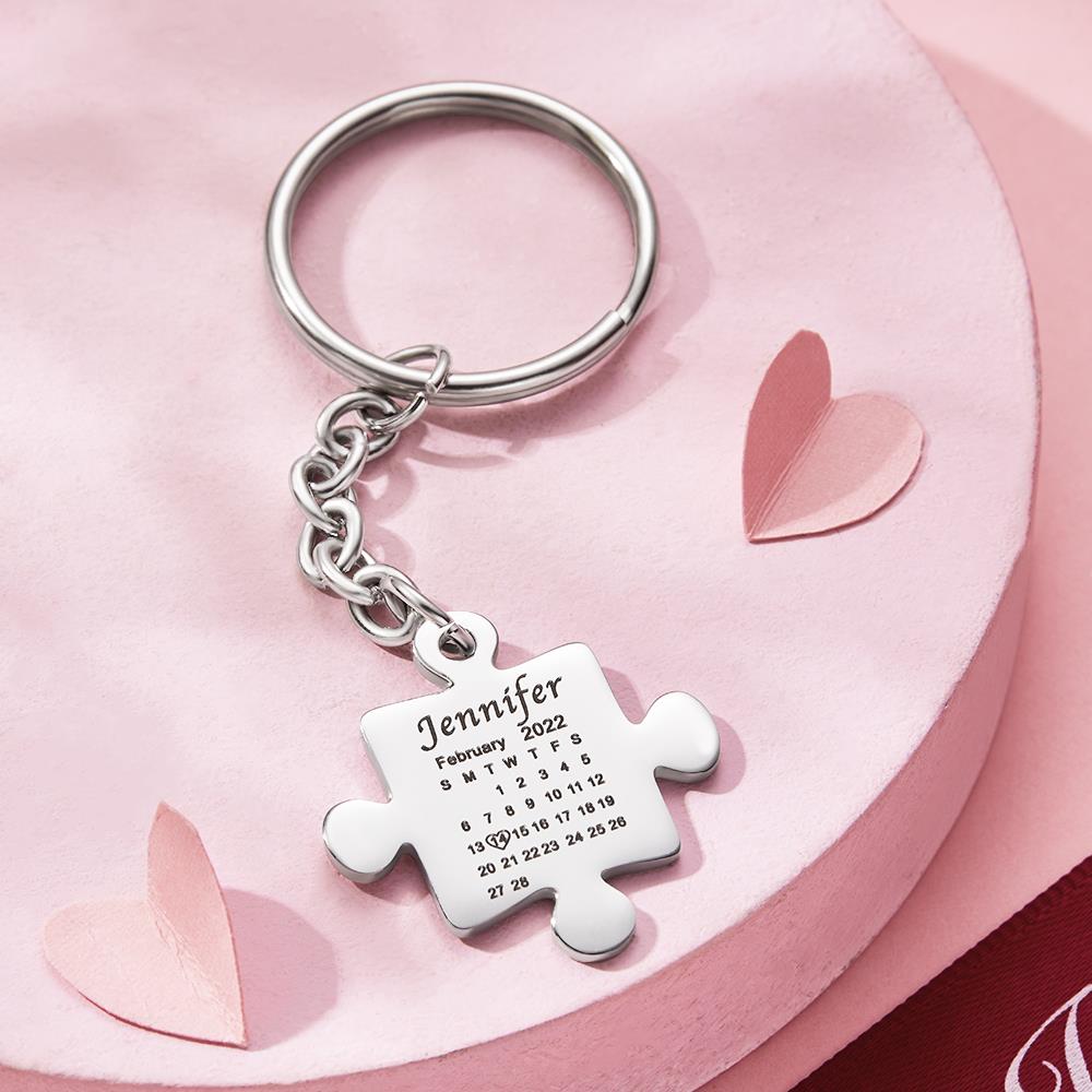Personalised engraved calendar puzzle keyring presented with gift box, perfect personalised Valentine's or anniversary present for her or him