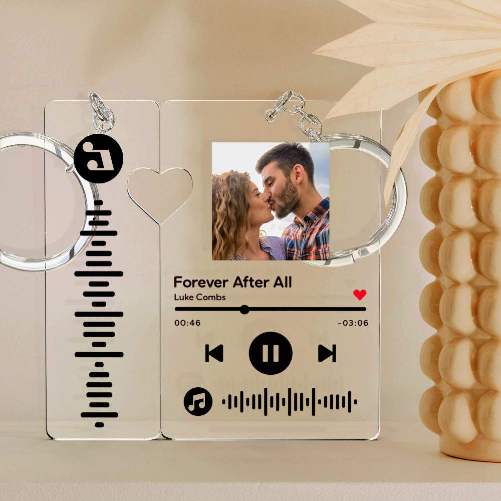 Personalised scannable music code keychain with custom couple photo and song code on clear acrylic keyring — personalised gift for couples