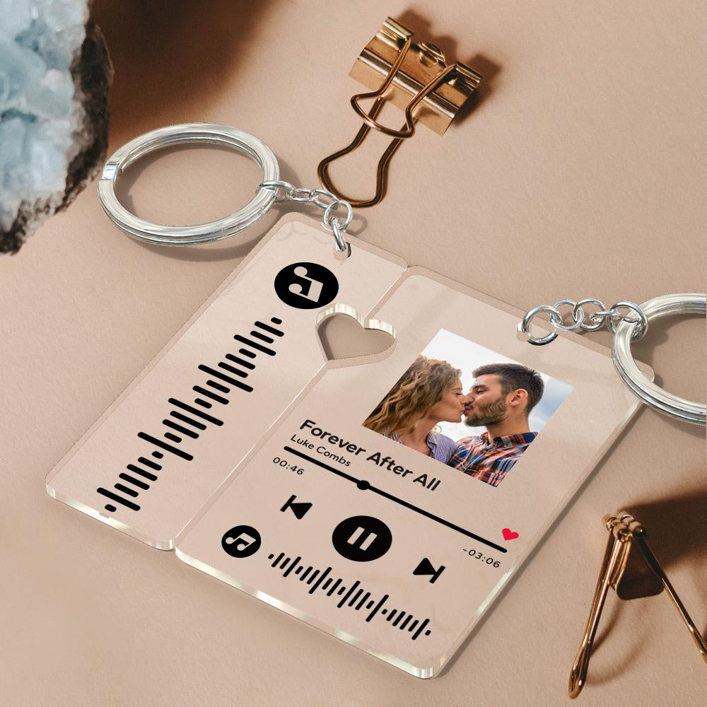 Close-up of personalised acrylic music plaque keyring showing scannable music code and high-resolution printed photo — custom song keychain