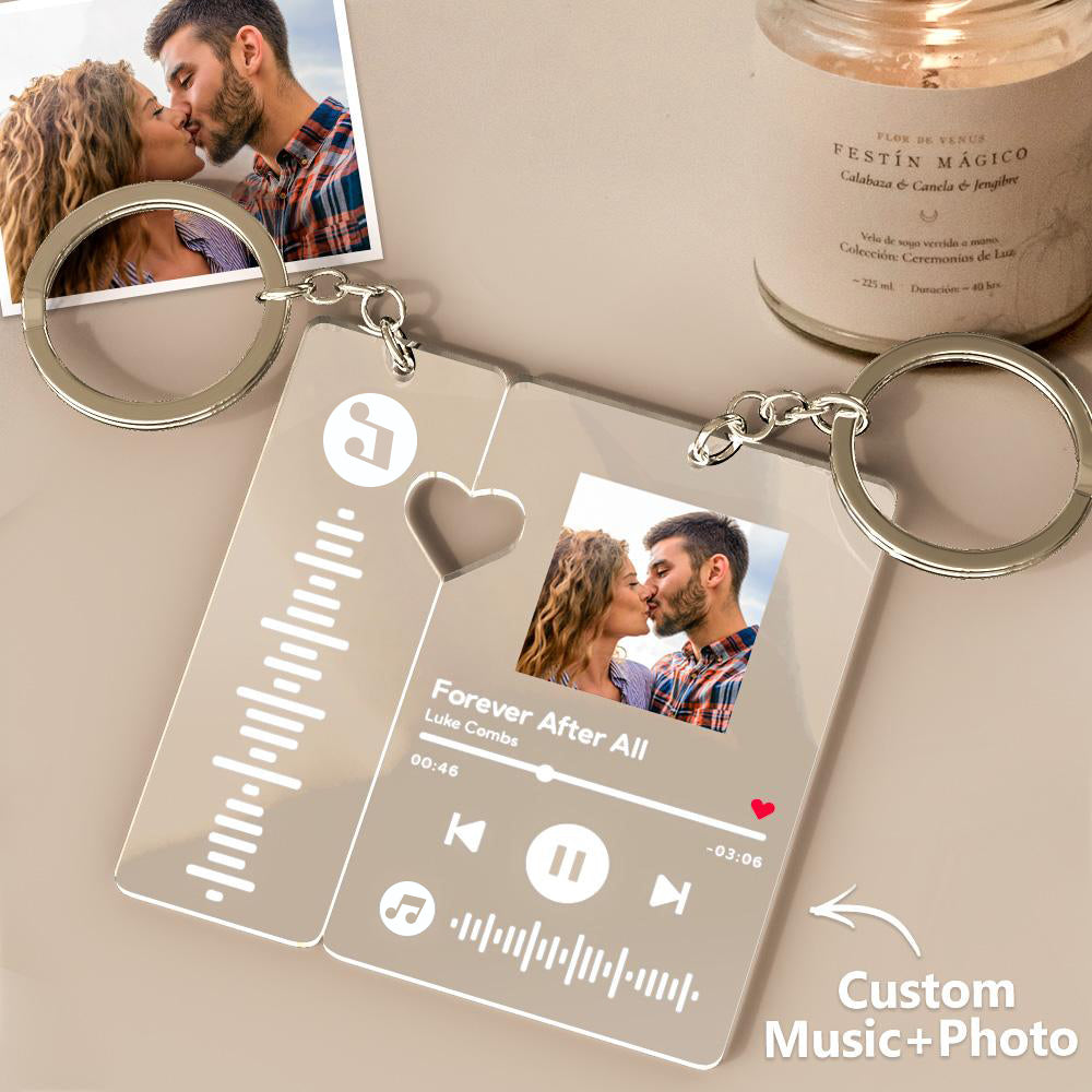 Personalised scannable music code keychain with custom couple photo and song code on clear acrylic keyring — personalised gift for couples