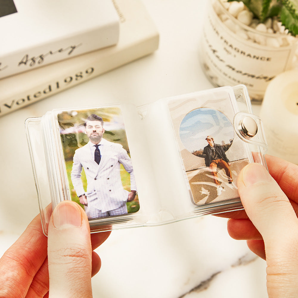 Closed Personalised Photo Album Keyring with metal split ring and suitcase-style exterior, portable custom photo plastic keyring keepsake romantic gift for her