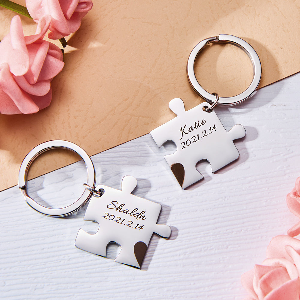 Personalised Engraved Couple Puzzle Keychain Set | Valentine's & Wedding Gift