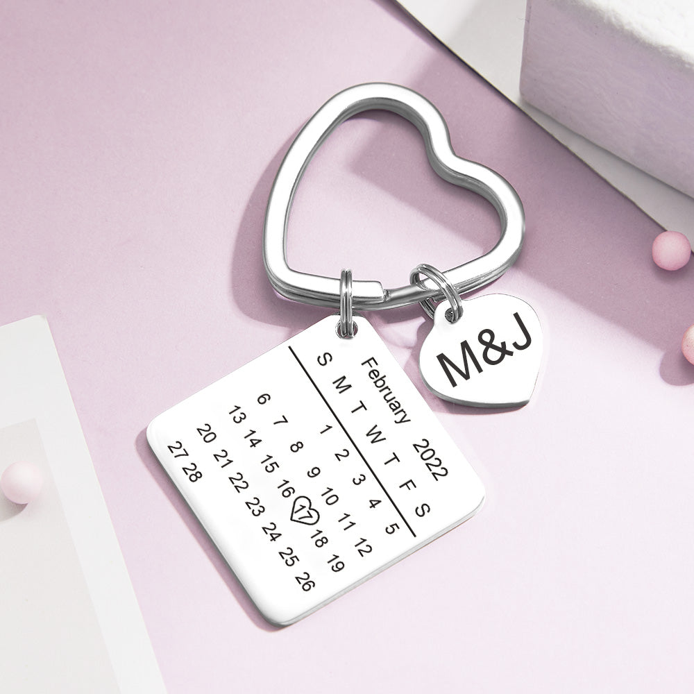 Heart calendar keyring displayed with personalised text and heart motif — rose gold keepsake for lovers