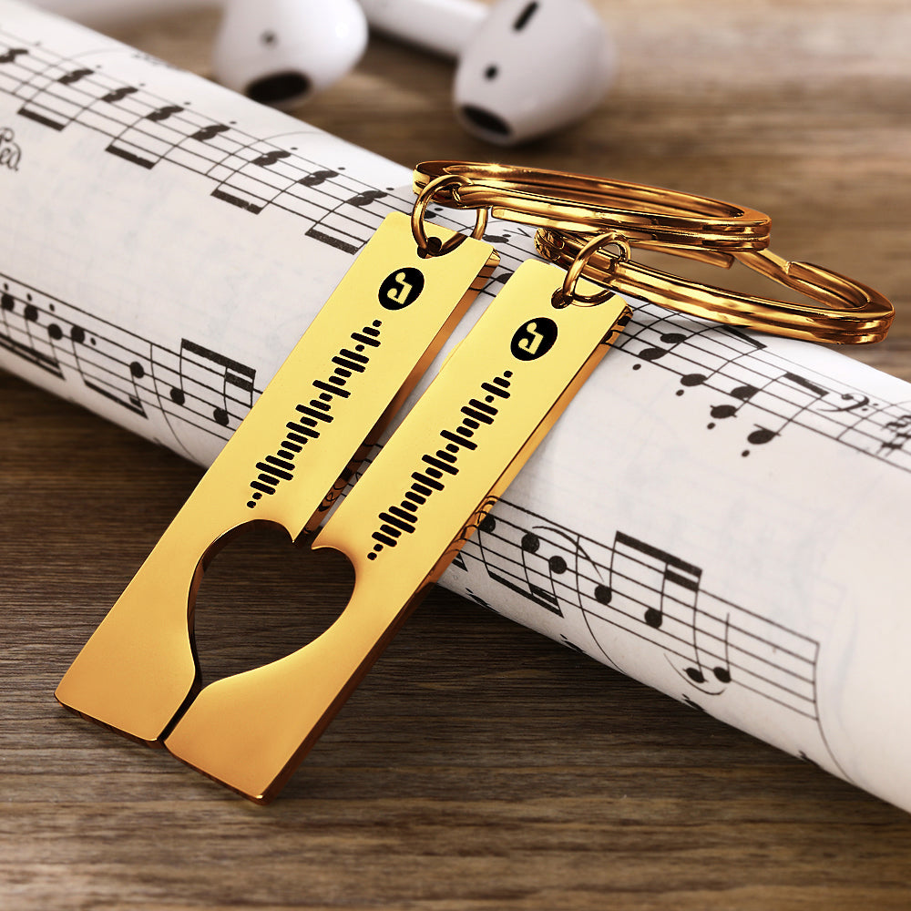 Detail view of engraved song code and robust key ring on personalised music keychain, rust‑resistant stainless steel