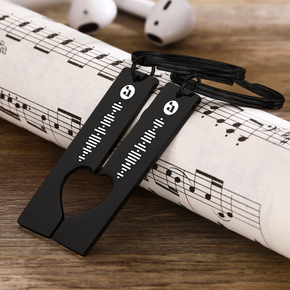 Custom Music Code Keychain attached to everyday keys and a bag, practical personalised accessory to carry your favourite song