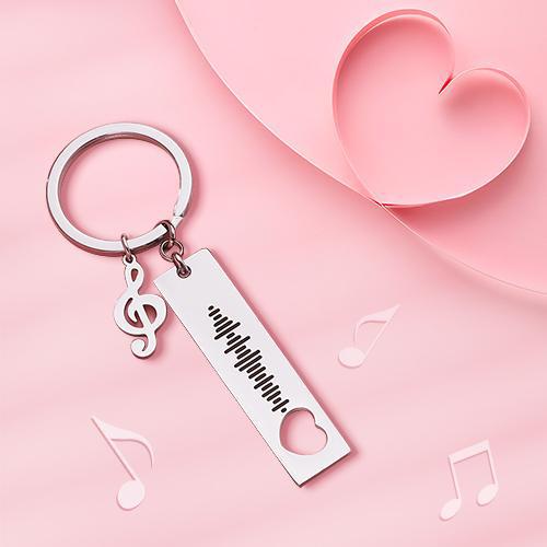 Close‑up of laser engraving on a 3D bar keyring showing the scannable music code and space for custom text — engraved music keyring and personalised Spotify code keyring
