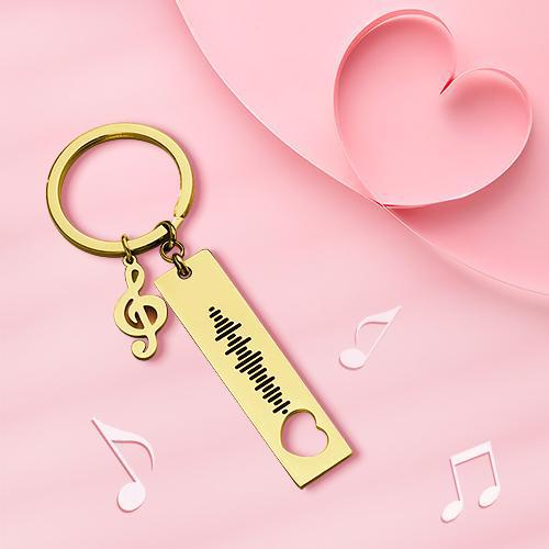 Engraved 3D bar keyring attached to a set of keys showing the scannable Spotify music code and polished edges — engraved music keyring, personalised Spotify code keyring