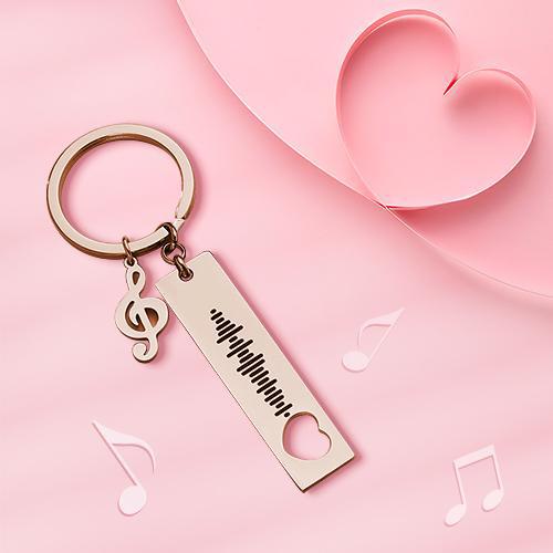 Four colour options of personalised engraved 3D bar keyrings displayed side by side, ideal personalised Spotify code keyring gift — custom scannable music code keychain