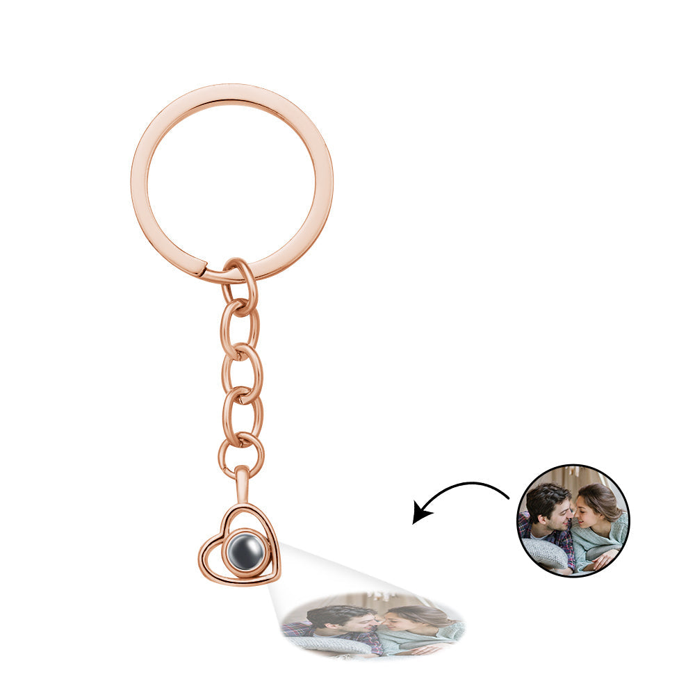Personalised heart photo projection keyring attached to keys and bag – compact romantic keepsake for anniversaries