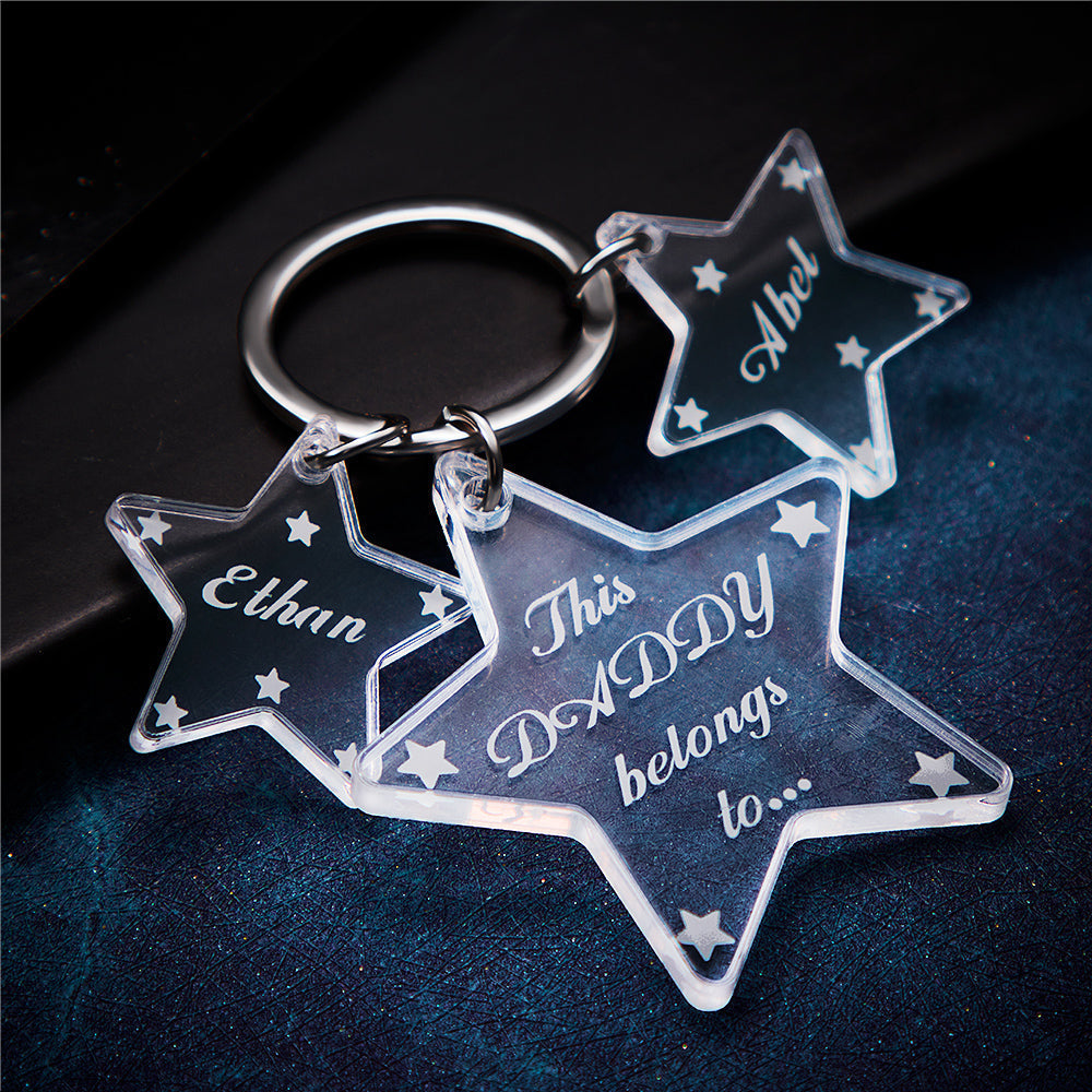 Star-shaped personalised acrylic keyring, angled view showing edge thickness and precise engraving — lightweight personalised keepsake for her, him or teens