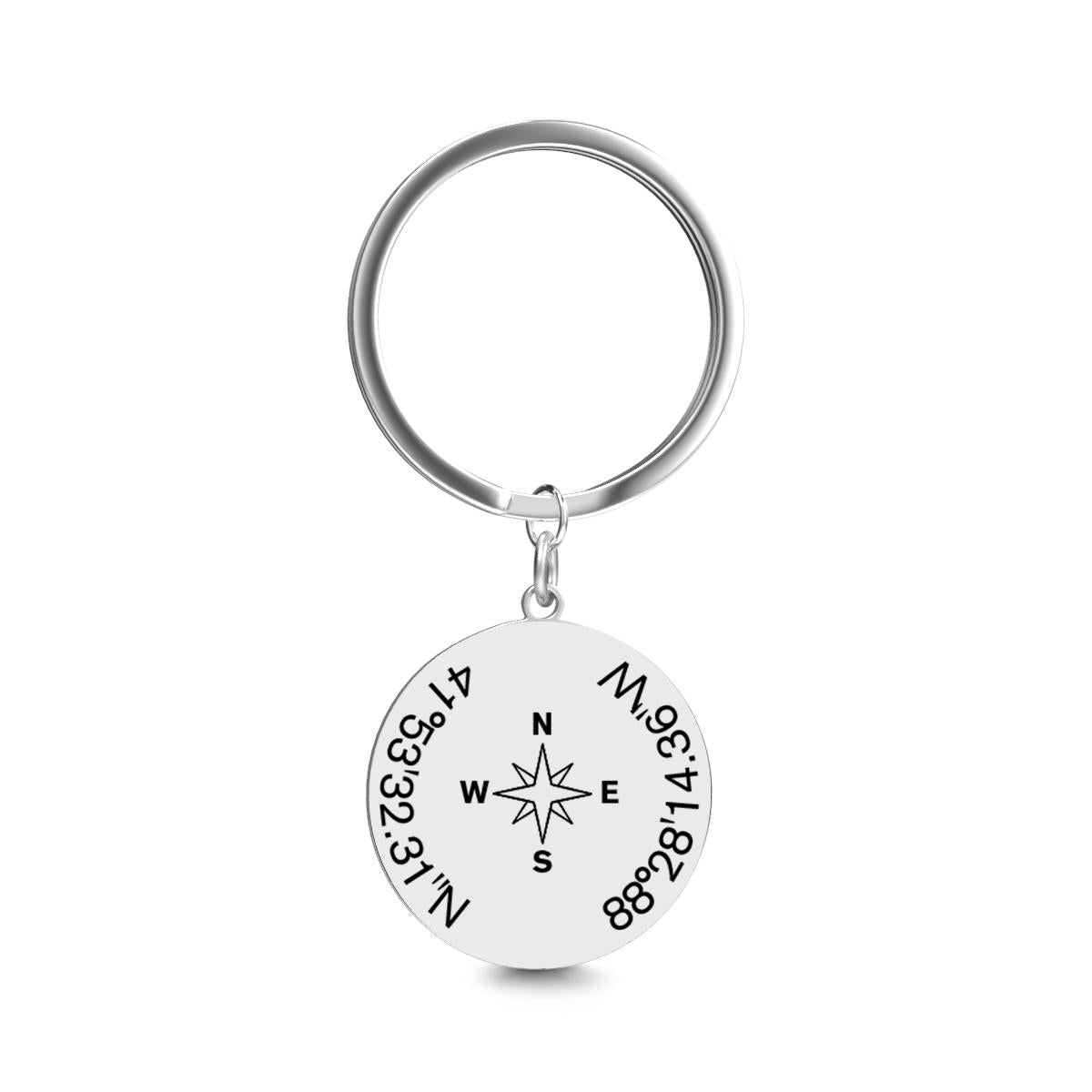 Personalised stainless steel coordinates keychain with working compass and engraved latitude and longitude — custom keyring gift