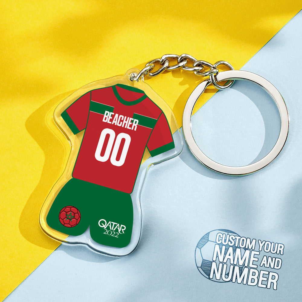 Personalised Morocco football jersey keychain – front view of mini Morocco team shirt keyring, custom name & number option, 2022 football keepsake