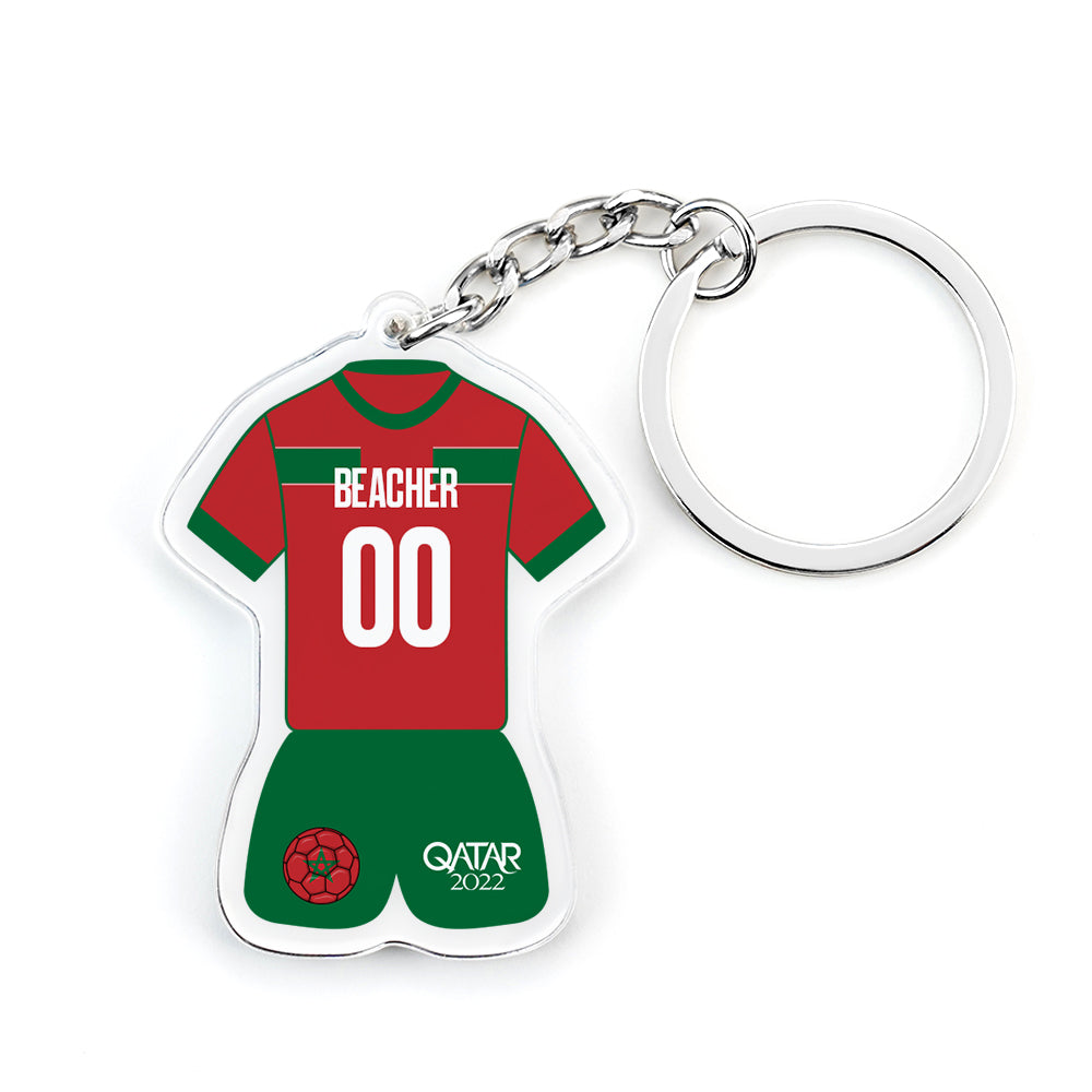 Back view of custom football jersey keyring showing personalised name and number on Morocco-style mini shirt – personalised name keychain and custom football jersey keyring
