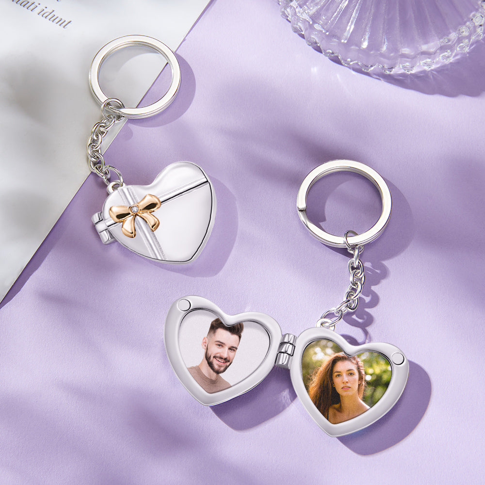 Angled view of custom photo keychain attached to keys displaying two clear high-resolution photos — personalised anniversary keepsake and Valentine’s gift
