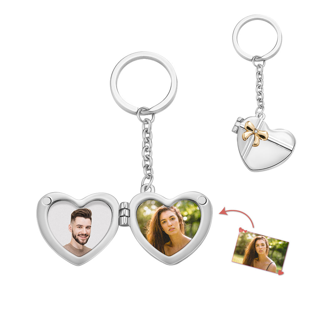 Personalised double photo heart keyring presented ready to gift with sample photos and optional personalised text — ideal commemorative and Valentine’s present