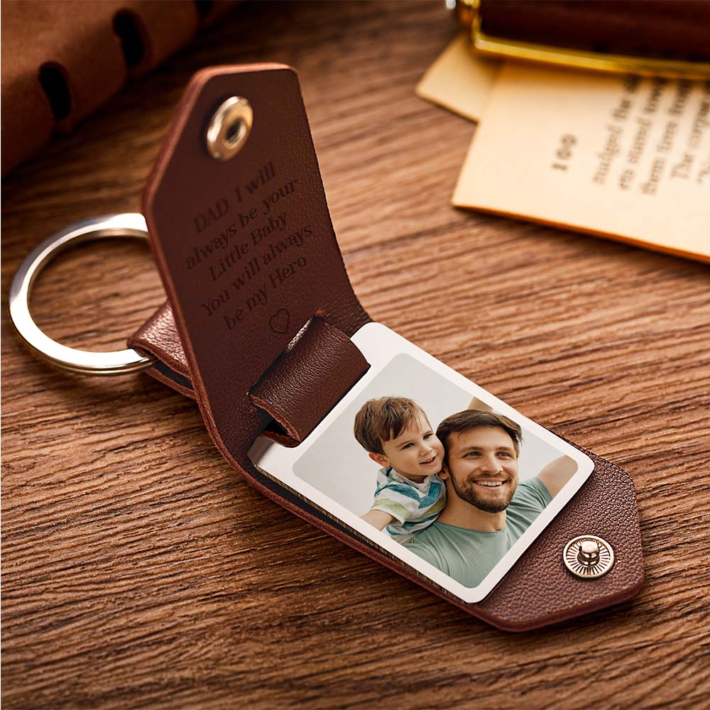 Personalised PU leather photo keyring for Dad with custom photo and engraved stainless-steel tag reading ‘DAD I will always be your Little Baby. You will always be my Hero’ — perfect keepsake gift