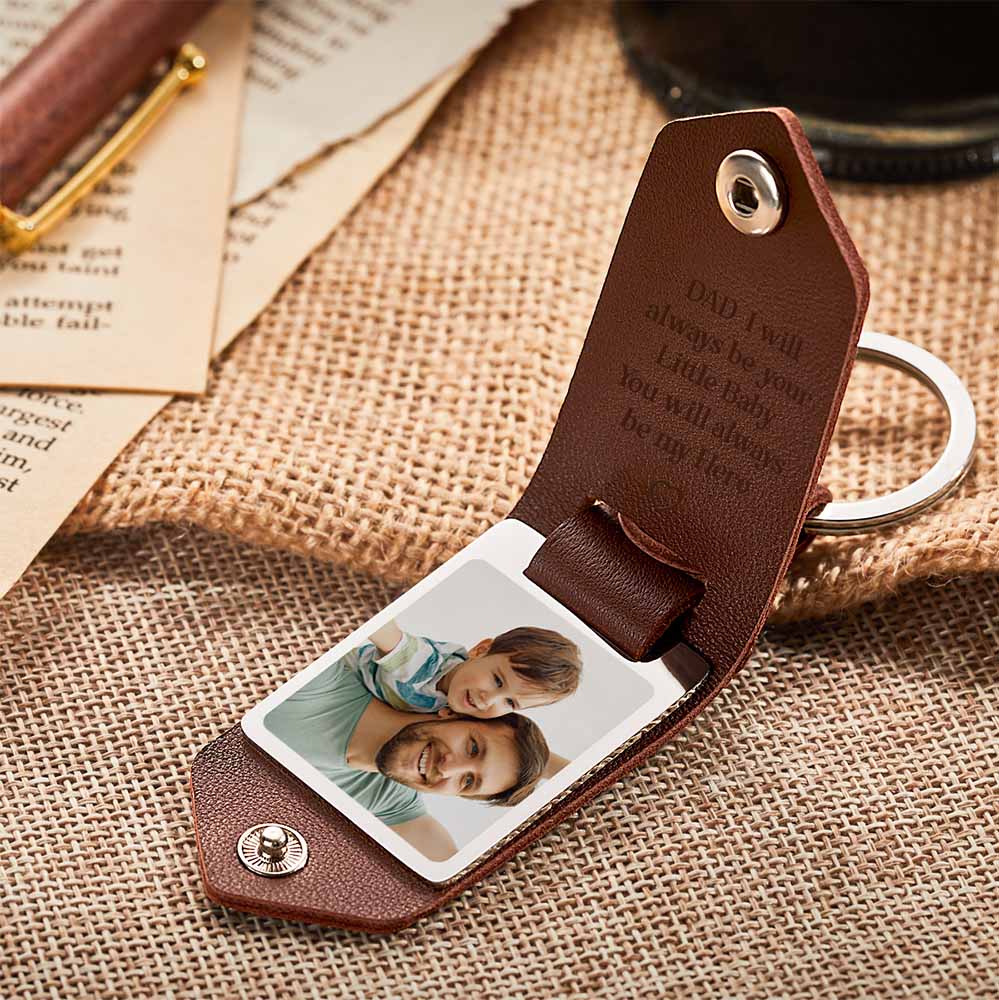 Gift-ready personalised photo keyring for Dad presented with custom engraved message ‘I will always be your Little Baby’ on stainless-steel tag — thoughtful keepsake gift