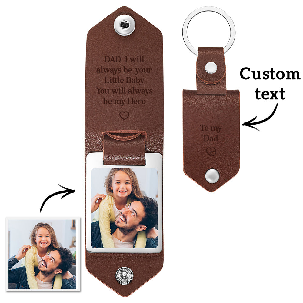 Angle view of personalised PU leather photo keyring for Dad with high-resolution printed photo, sturdy 3 cm split ring and durable stitching — personalised gift idea