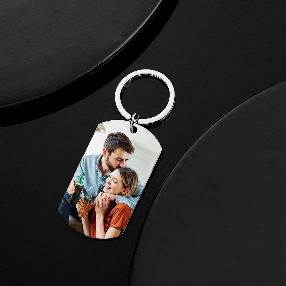 Personalised photo keyring attached to a handbag as a personalised bag charm and keepsake