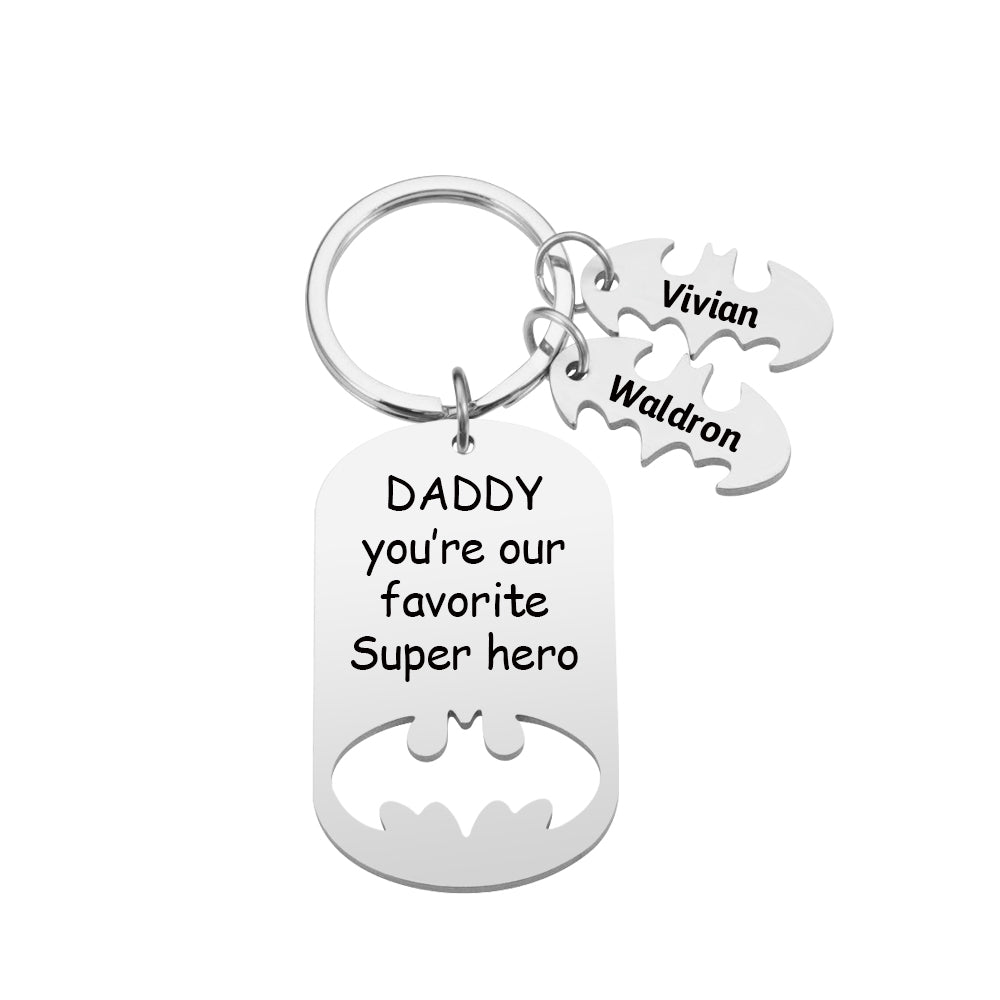 Hero-themed Personalised Superhero Daddy Keyring with engraved message and names, perfect Christmas or Father's Day present