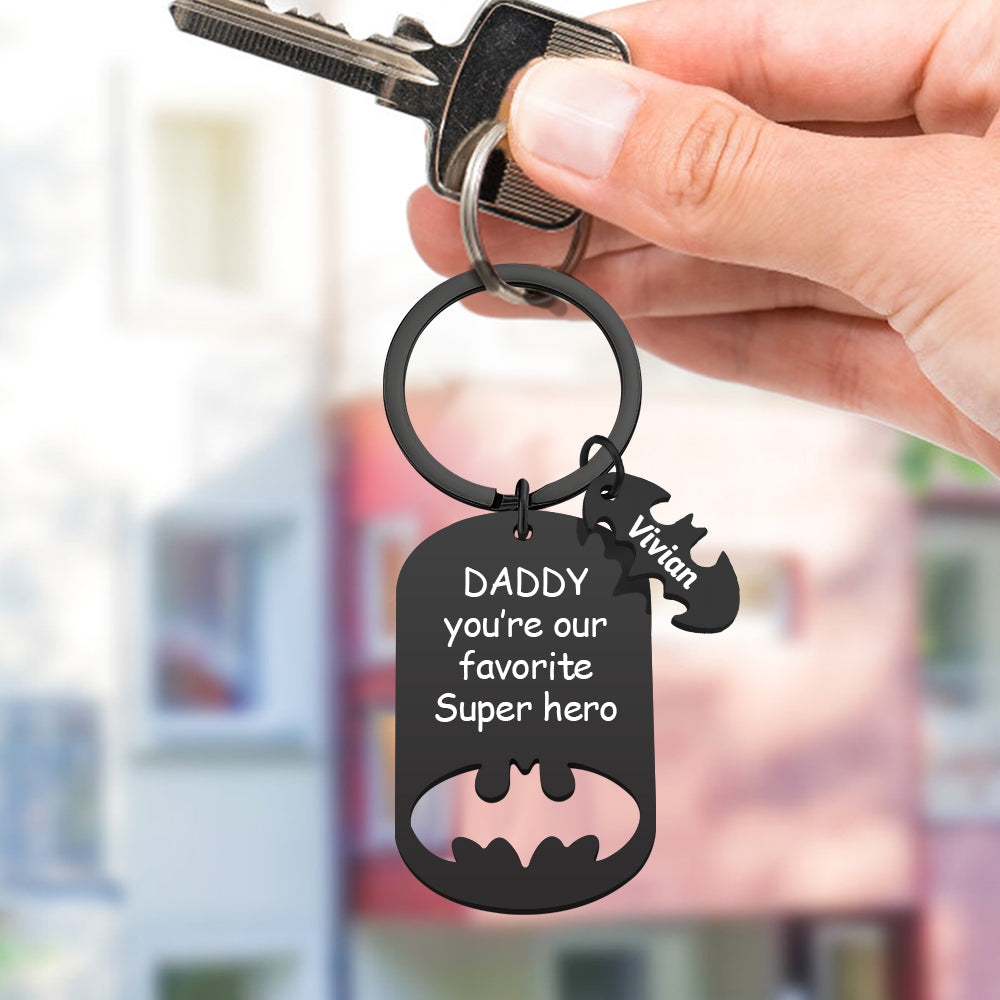 Engraved sentiment 'To the world you may just be a dad, to me you are a hero' on Personalised Superhero Daddy Keyring