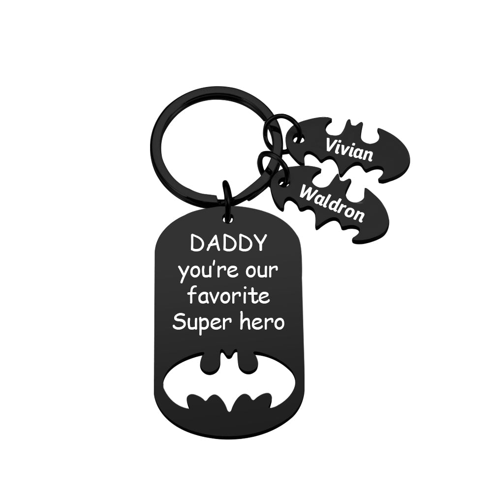 Stainless steel keyring on a hoop showing polished finish and engraved personalised names for Daddy