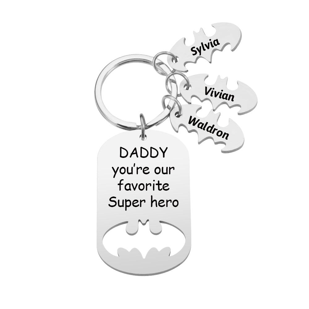 Personalised Superhero Daddy Keyring in stainless steel engraved with kids' names and hero message, ideal gift for father