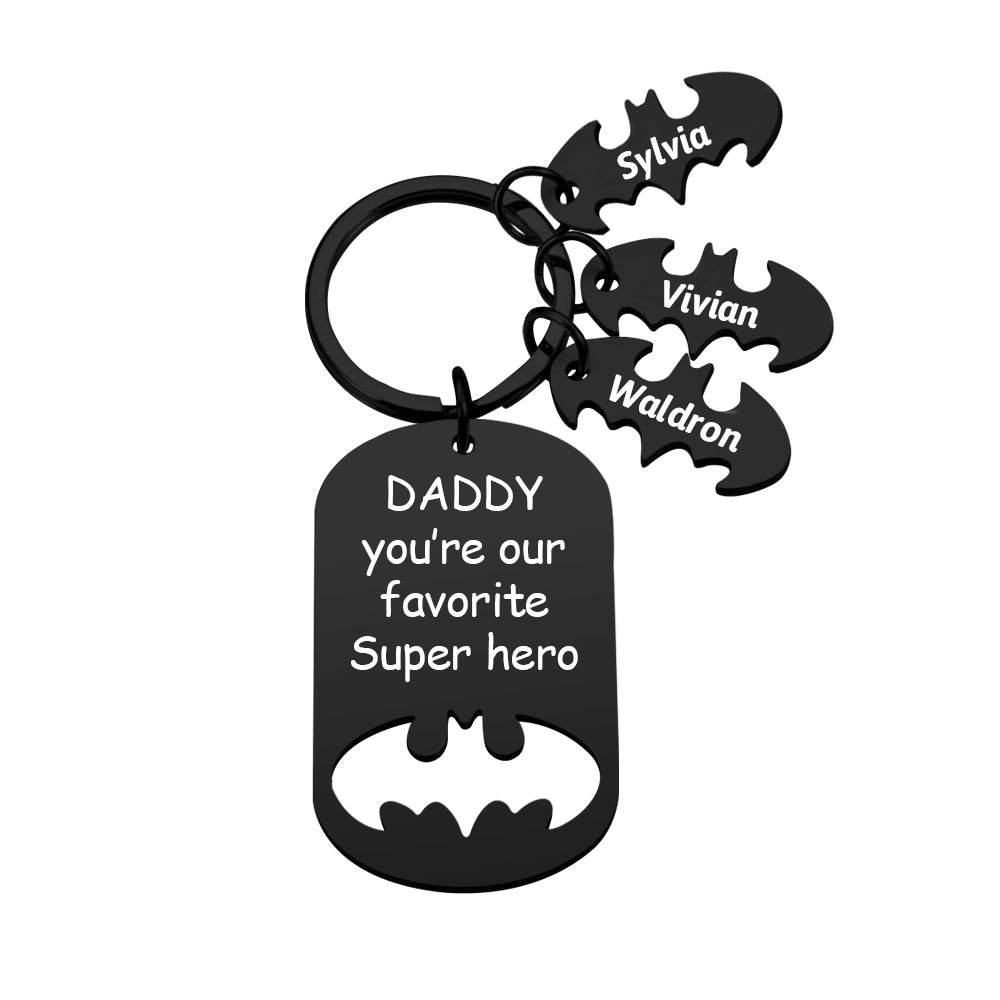 Customisable Personalised Superhero Daddy Keyring with option to add kids' names and a short personalised message