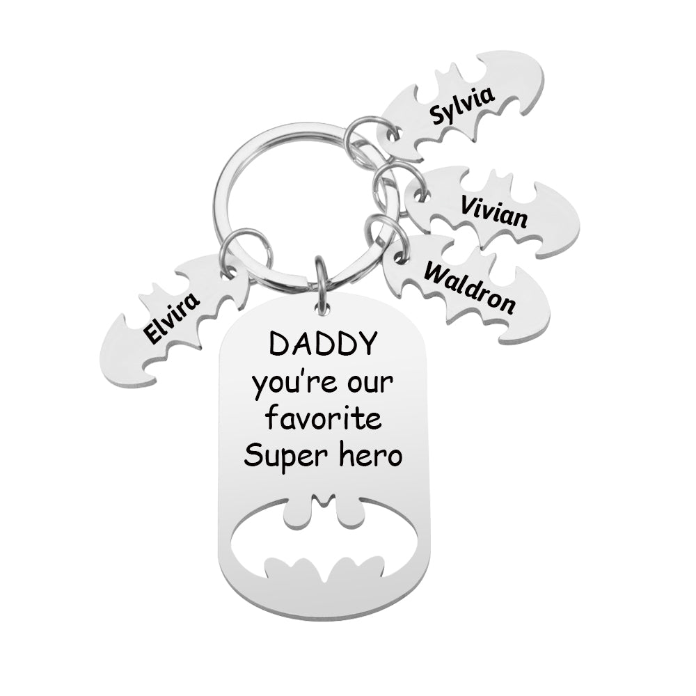 Everyday use stainless steel superhero keyring attached to keys, engraved keepsake gift for Dad