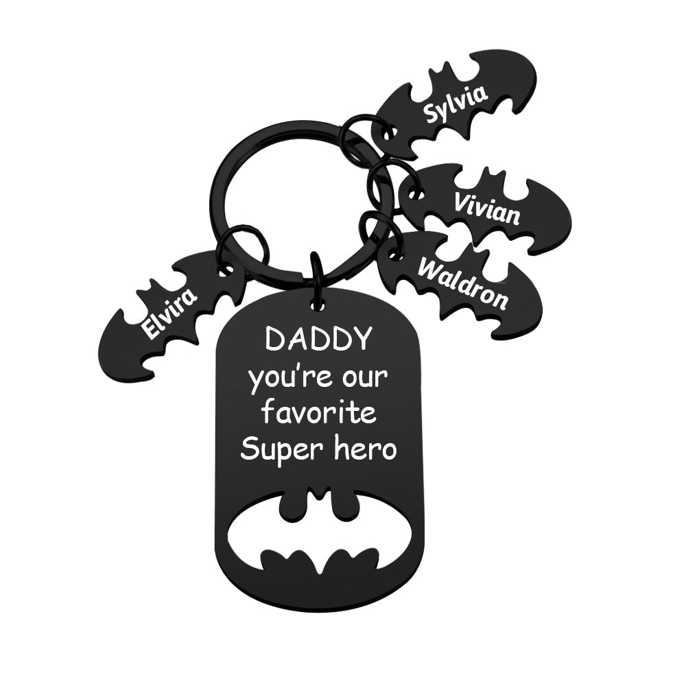 High-resolution close-up of laser engraving on personalised stainless steel Daddy keyring showing crisp name detail