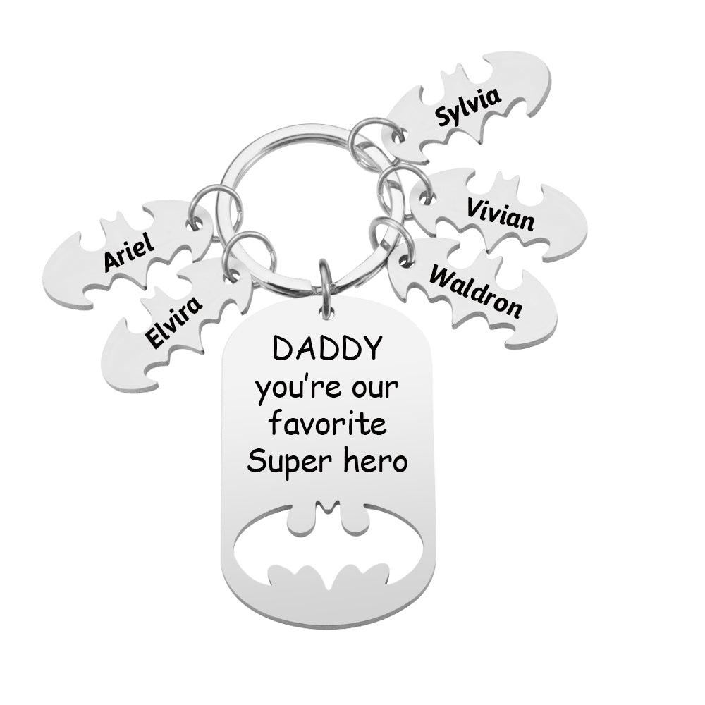 Sturdy keyring hardware and polished stainless steel tag on Personalised Superhero Daddy keepsake gift