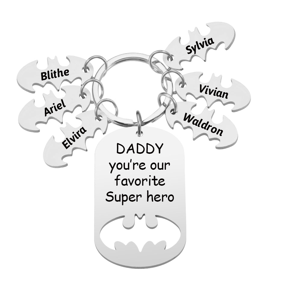 Front-facing Personalised Superhero Daddy Keyring displaying engraved kids' names and heartfelt hero message