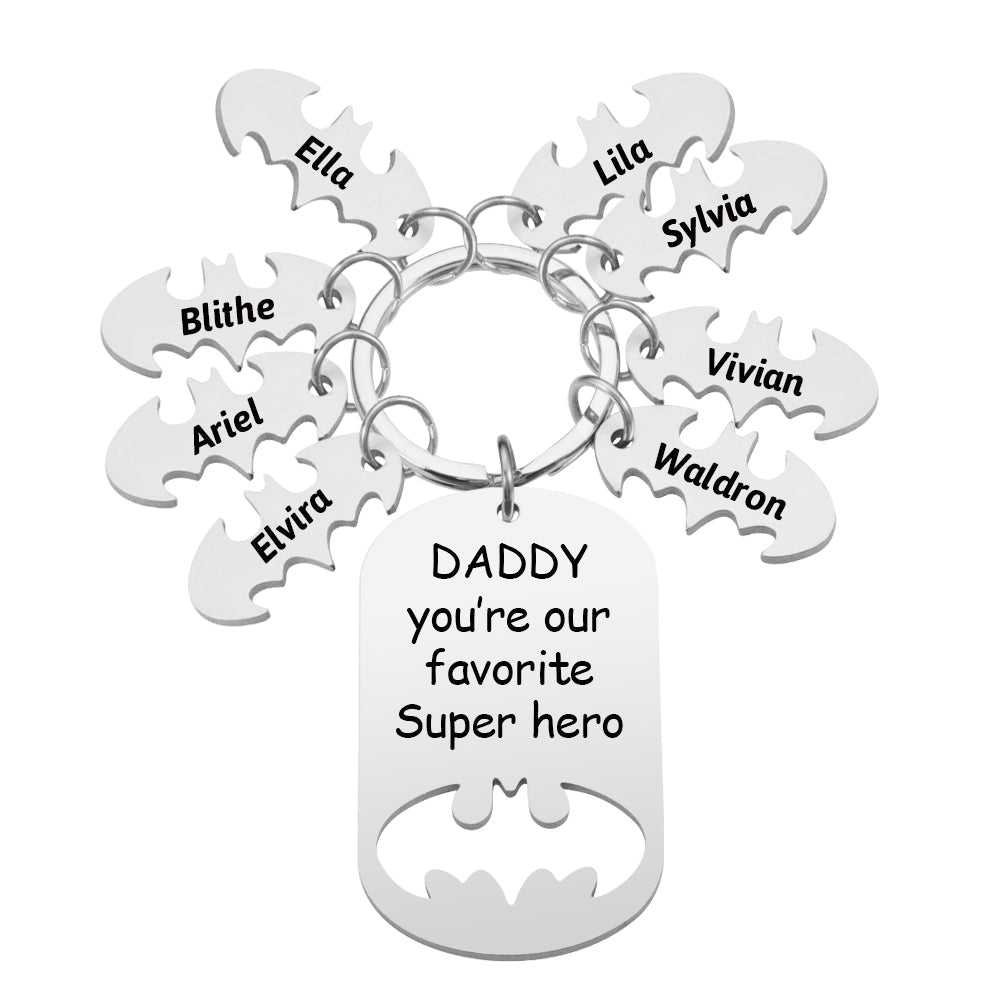 Engraved 'Daddy' superhero keyring personalised with kids' names, a cherished keepsake for dad or grandpa