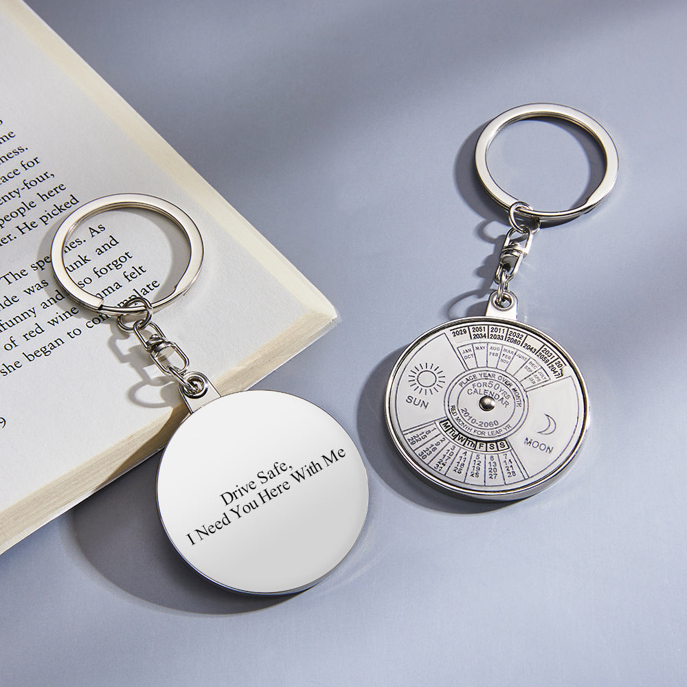 Stainless steel perpetual calendar keyring pendant on a split ring, showing engraving area with custom name and date example – engraved gift for him, anniversary or birthday
