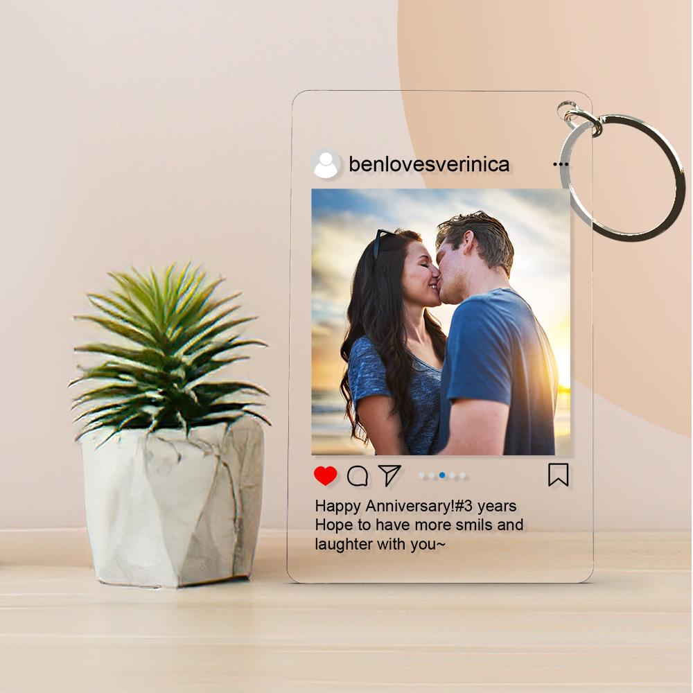 Personalised Instagram-style acrylic photo keyring showing a couple's image and custom caption — acrylic custom keychain gift for couples