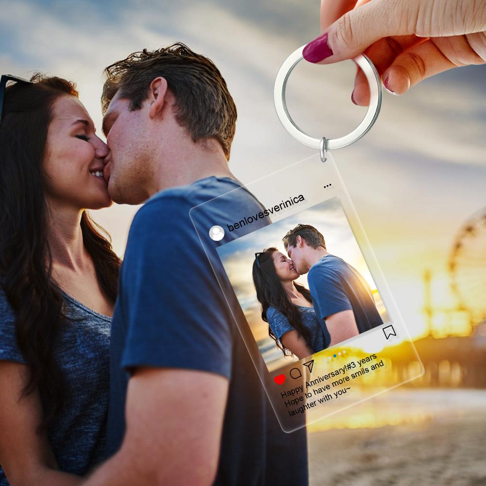 Personalised acrylic Instagram photo keyring attached to keys and a handbag — custom keychain perfect for anniversaries and Valentine's Day