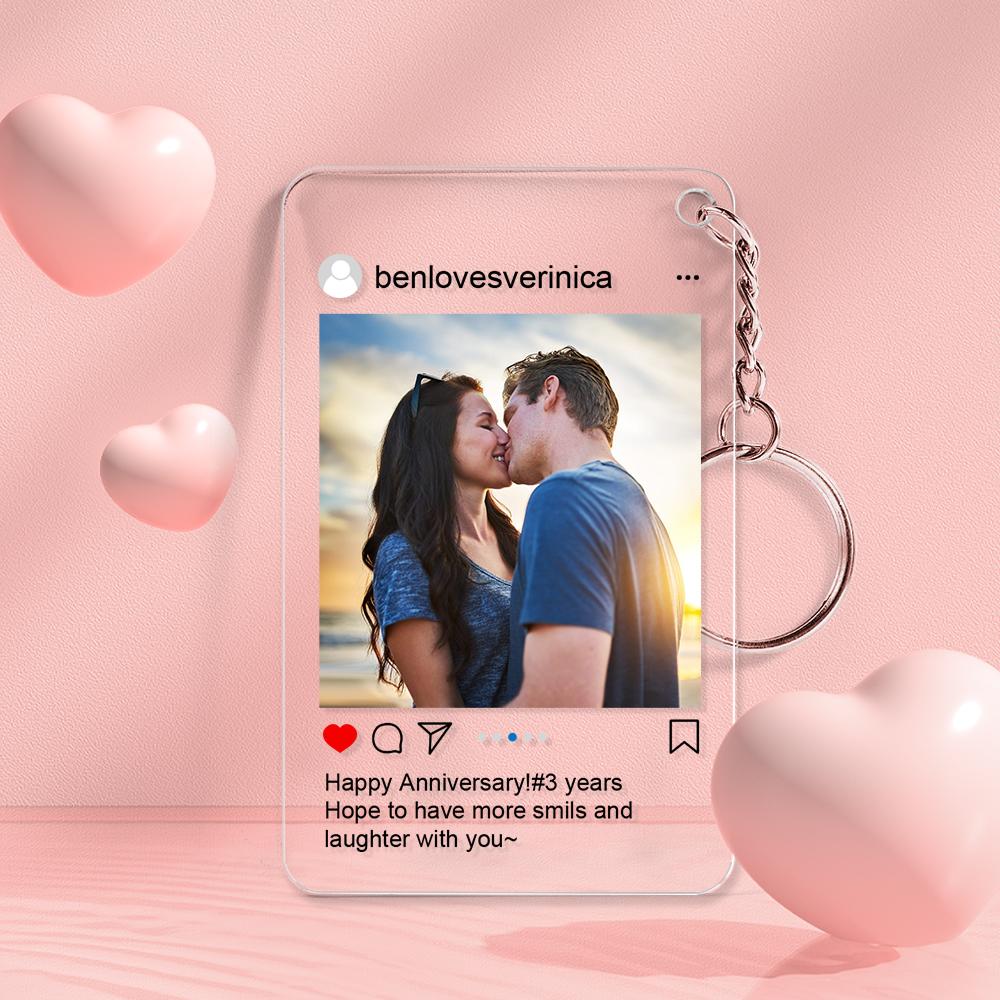 Personalised Instagram-style keyring showing photo and editable text area — custom acrylic keychain ideal for gifts for him or her