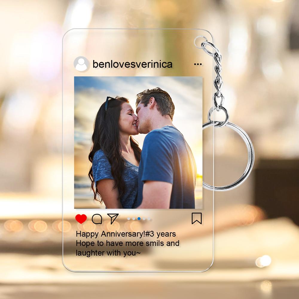 Personalised Instagram-style acrylic photo keyring showing a couple's image and custom caption — acrylic custom keychain gift for couples
