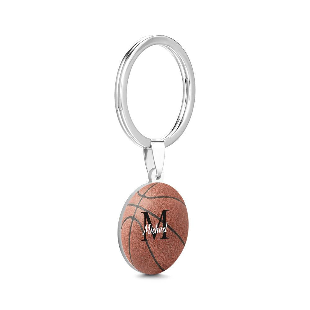 Stainless steel personalised basketball keyring detail shot showing polished finish and clear engraving – custom text keepsake for teens and sports fans