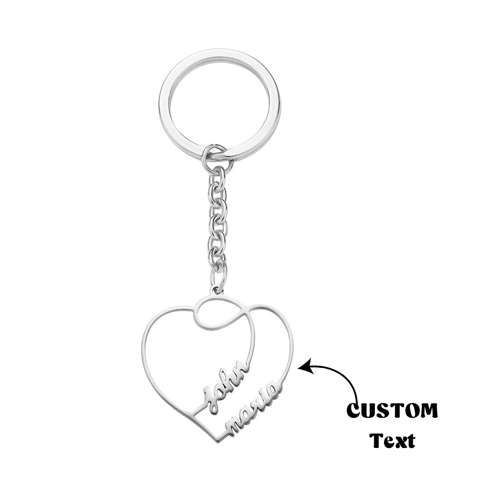 Custom engraved double heart keyring displayed on white background – personalised gift for wife, husband or fiancé
