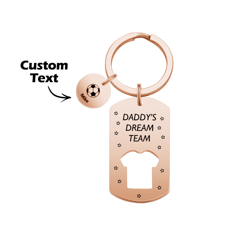 Detailed view of metal-stamped lettering on a personalised name bar for the 'Daddy's Dream Team' keyring – stainless steel, tarnish-resistant