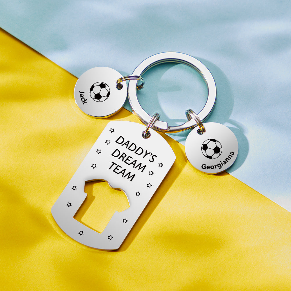 Personalised engraved football keyring with multiple child name bars on split ring, metal-stamped detail and durable stainless steel finish