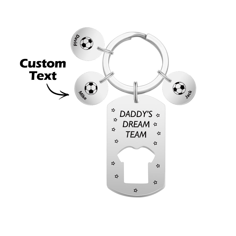 Group shot of personalised engraved football keyrings with different children's names – thoughtful Father's Day present